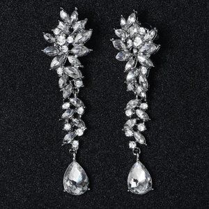 Elegant Silver Crystal Drop Clip On Earrings